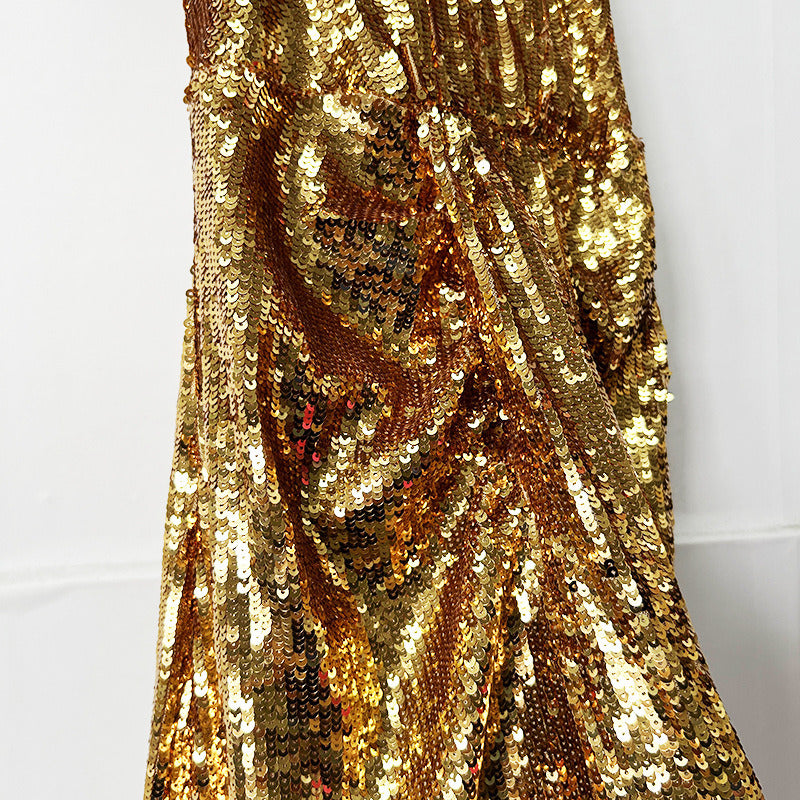 Gold Halter Sequin Maxi Dress – V-Neck Sleeveless Evening Gown for Parties & Formal Events