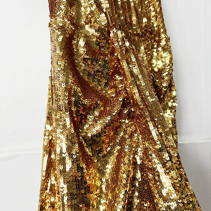 Gold Halter Sequin Maxi Dress – V-Neck Sleeveless Evening Gown for Parties & Formal Events