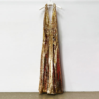 Gold Halter Sequin Maxi Dress – V-Neck Sleeveless Evening Gown for Parties & Formal Events