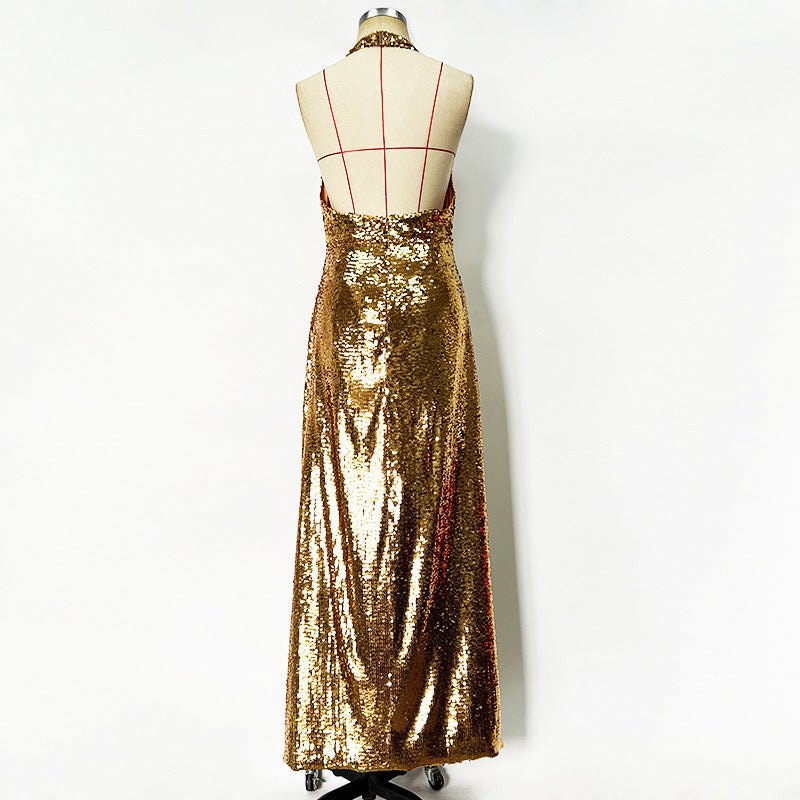 Gold Halter Sequin Maxi Dress – V-Neck Sleeveless Evening Gown for Parties & Formal Events