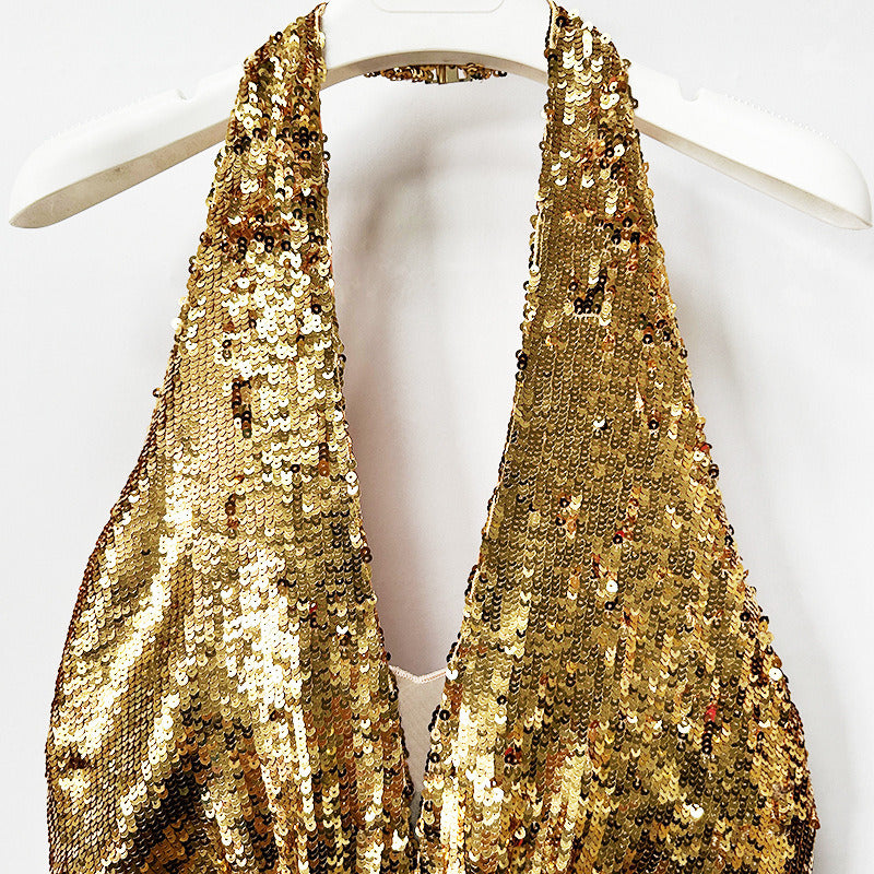 Gold Halter Sequin Maxi Dress – V-Neck Sleeveless Evening Gown for Parties & Formal Events