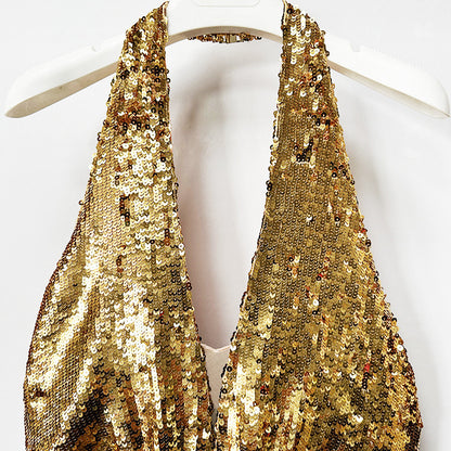 Gold Halter Sequin Maxi Dress – V-Neck Sleeveless Evening Gown for Parties & Formal Events