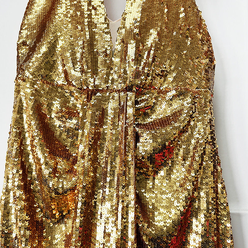 Gold Halter Sequin Maxi Dress – V-Neck Sleeveless Evening Gown for Parties & Formal Events