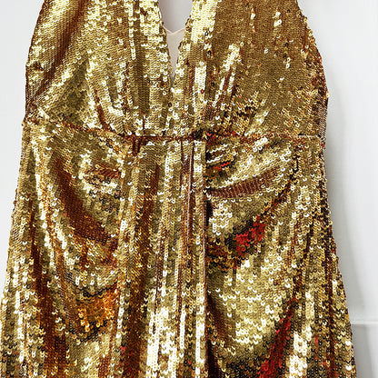 Gold Halter Sequin Maxi Dress – V-Neck Sleeveless Evening Gown for Parties & Formal Events