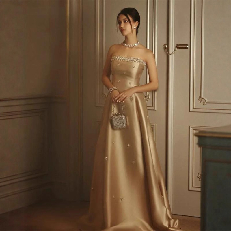 Gold Satin Mermaid Evening Gown with Beaded Halter Neck & Train