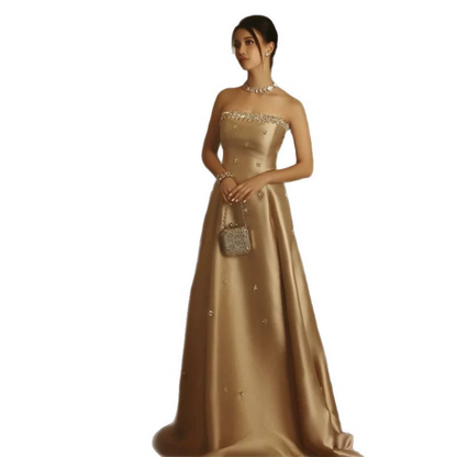 Gold Satin Mermaid Evening Gown with Beaded Halter Neck & Train
