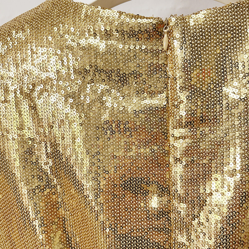 Gold Sequin Maxi Dress – Long Sleeve Elegant Evening Gown for Parties & Formal Events