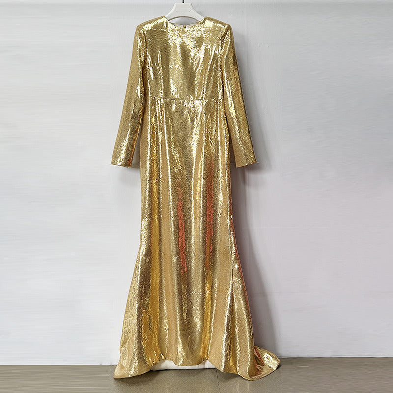 Gold Sequin Maxi Dress – Long Sleeve Elegant Evening Gown for Parties & Formal Events