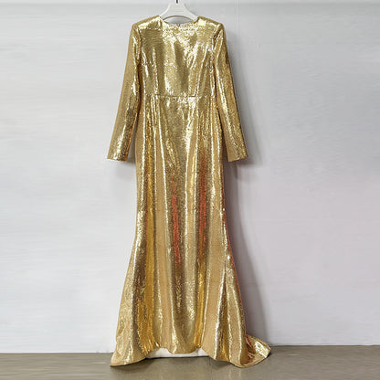 Gold Sequin Maxi Dress – Long Sleeve Elegant Evening Gown for Parties & Formal Events