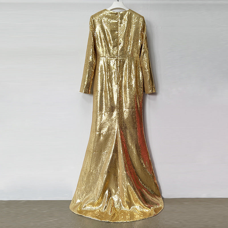 Gold Sequin Maxi Dress – Long Sleeve Elegant Evening Gown for Parties & Formal Events