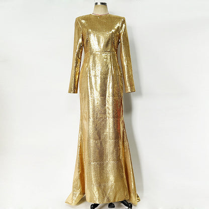 Gold Sequin Maxi Dress – Long Sleeve Elegant Evening Gown for Parties & Formal Events