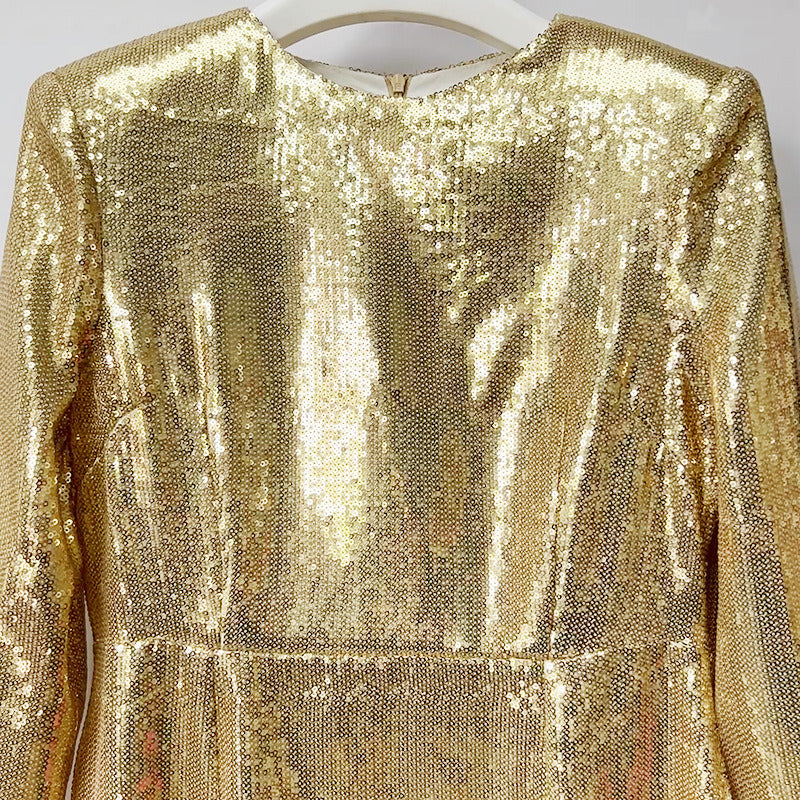 Gold Sequin Maxi Dress – Long Sleeve Elegant Evening Gown for Parties & Formal Events