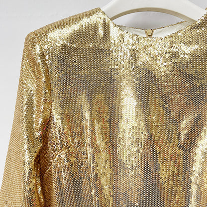 Gold Sequin Maxi Dress – Long Sleeve Elegant Evening Gown for Parties & Formal Events
