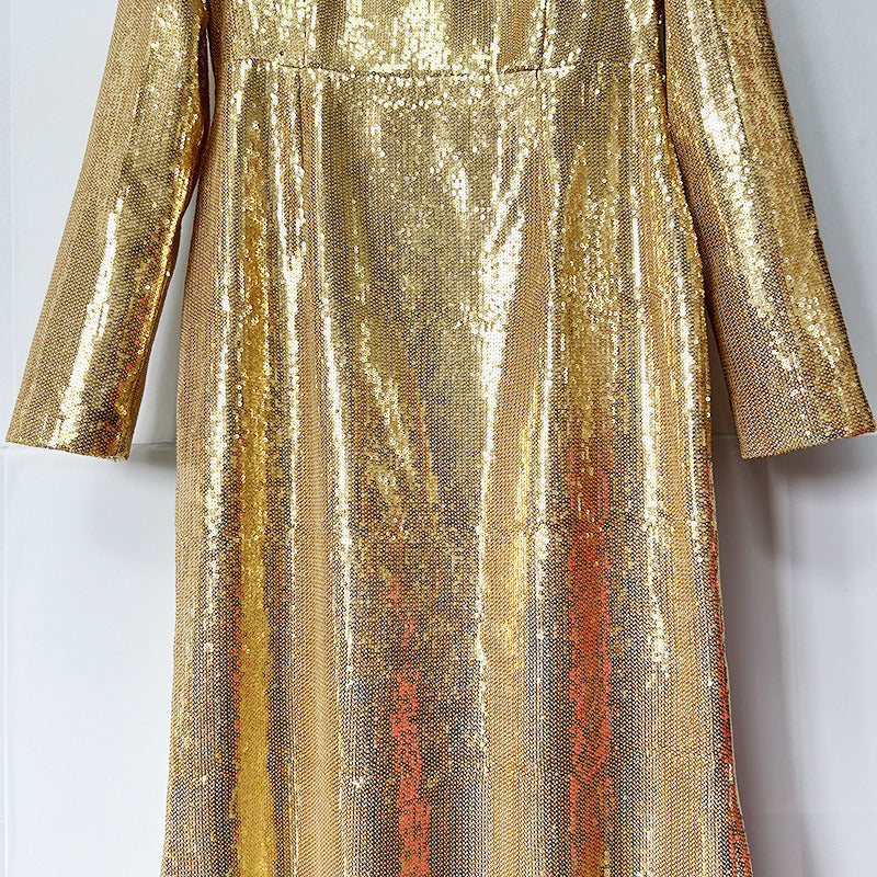 Gold Sequin Maxi Dress – Long Sleeve Elegant Evening Gown for Parties & Formal Events