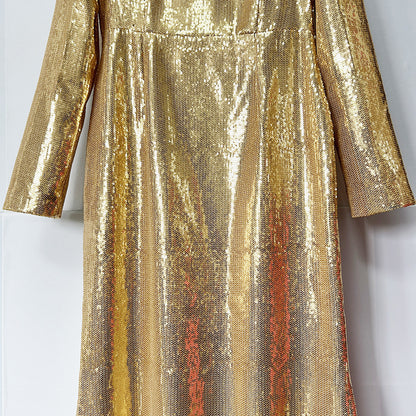 Gold Sequin Maxi Dress – Long Sleeve Elegant Evening Gown for Parties & Formal Events