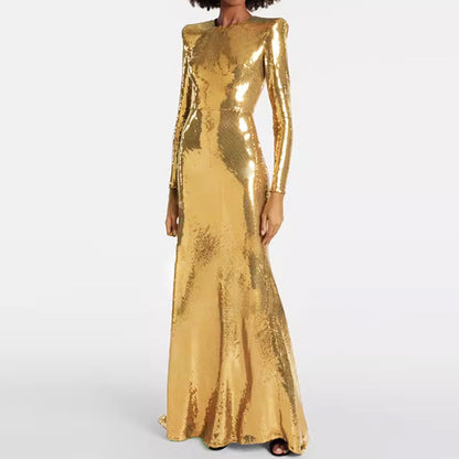 Gold Sequin Maxi Dress – Long Sleeve Elegant Evening Gown for Parties & Formal Events