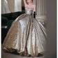 Quinceanera Dresses Strapless Organza Tiered Ruffles with Golden Appliques Party Gown