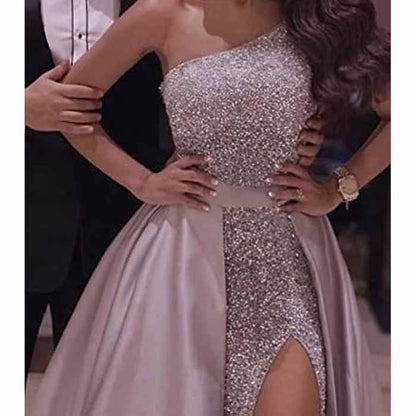 Women's Single Shoulder Prom Dresses Slit Satin Long Evening Formal Dress