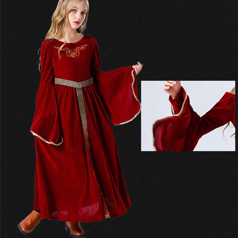 Halloween cosplay Medieval Retro Palace Noble Ball Performance Dress Children's Suede Flare Sleeves Long Dress
