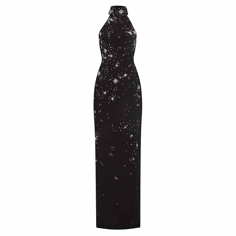 Halter Crystal Embellished Maxi Dress Black