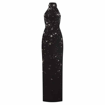 Halter Crystal Embellished Maxi Dress Black