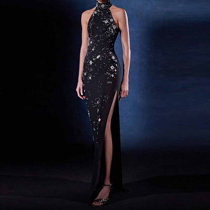 Halter Crystal Embellished Maxi Dress Black