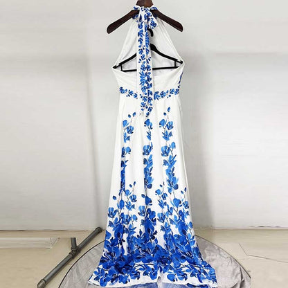 Halter Neck Blue Floral-print Maxi Dress