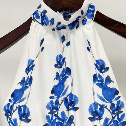 Halter Neck Blue Floral-print Maxi Dress
