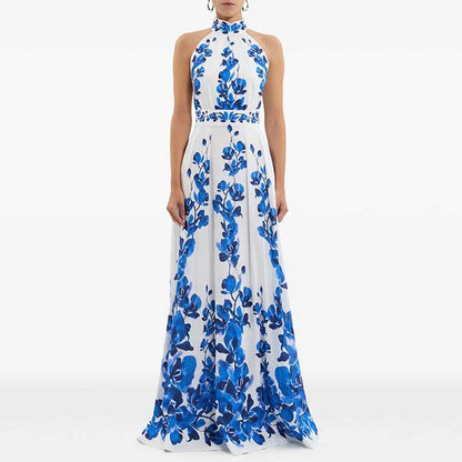 Halter Neck Blue Floral-print Maxi Dress
