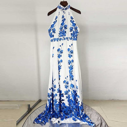 Halter Neck Blue Floral-print Maxi Dress