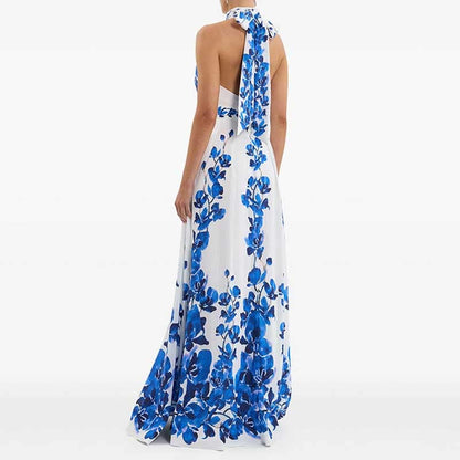 Halter Neck Blue Floral-print Maxi Dress