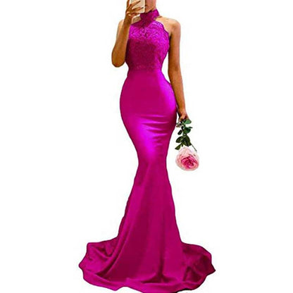 Halter Neck Mermaid Satin Bridesmaid Dress Lace s Long Prom Dress Wedding Ball Gown