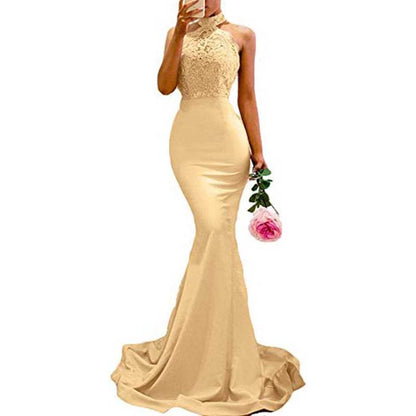 Halter Neck Mermaid Satin Bridesmaid Dress Lace s Long Prom Dress Wedding Ball Gown