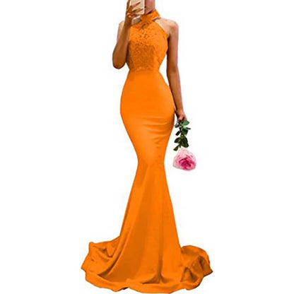 Halter Neck Mermaid Satin Bridesmaid Dress Lace s Long Prom Dress Wedding Ball Gown