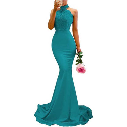 Halter Neck Mermaid Satin Bridesmaid Dress Lace s Long Prom Dress Wedding Ball Gown