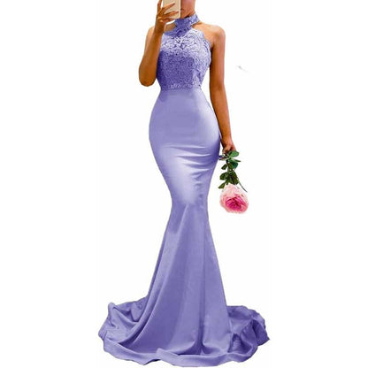 Halter Neck Mermaid Satin Bridesmaid Dress Lace s Long Prom Dress Wedding Ball Gown