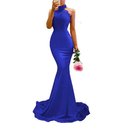 Halter Neck Mermaid Satin Bridesmaid Dress Lace s Long Prom Dress Wedding Ball Gown