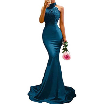 Halter Neck Mermaid Satin Bridesmaid Dress Lace s Long Prom Dress Wedding Ball Gown