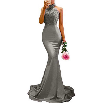 Halter Neck Mermaid Satin Bridesmaid Dress Lace s Long Prom Dress Wedding Ball Gown