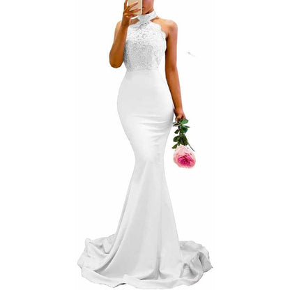 Halter Neck Mermaid Satin Bridesmaid Dress Lace s Long Prom Dress Wedding Ball Gown