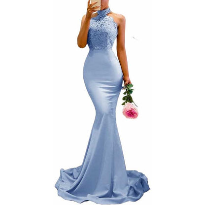 Halter Neck Mermaid Satin Bridesmaid Dress Lace s Long Prom Dress Wedding Ball Gown