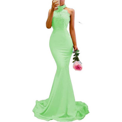 Halter Neck Mermaid Satin Bridesmaid Dress Lace s Long Prom Dress Wedding Ball Gown