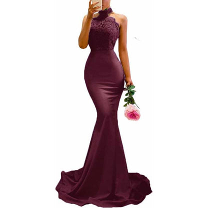 Halter Neck Mermaid Satin Bridesmaid Dress Lace s Long Prom Dress Wedding Ball Gown