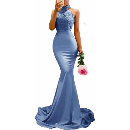 Halter Neck Mermaid Satin Bridesmaid Dress Lace s Long Prom Dress Wedding Ball Gown