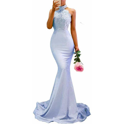 Halter Neck Mermaid Satin Bridesmaid Dress Lace s Long Prom Dress Wedding Ball Gown