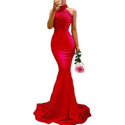 Halter Neck Mermaid Satin Bridesmaid Dress Lace s Long Prom Dress Wedding Ball Gown