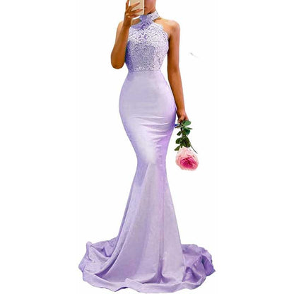 Halter Neck Mermaid Satin Bridesmaid Dress Lace s Long Prom Dress Wedding Ball Gown
