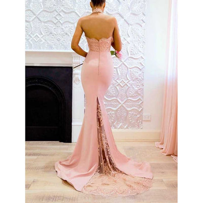 Halter Neck Mermaid Satin Bridesmaid Dress Lace s Long Prom Dress Wedding Ball Gown