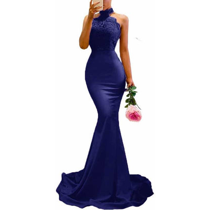 Halter Neck Mermaid Satin Bridesmaid Dress Lace s Long Prom Dress Wedding Ball Gown