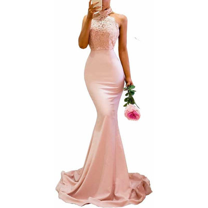 Halter Neck Mermaid Satin Bridesmaid Dress Lace s Long Prom Dress Wedding Ball Gown